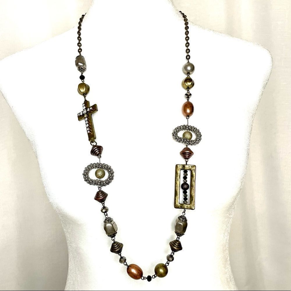 Cross Necklace Copper Silver Gold Toned Beaded Long